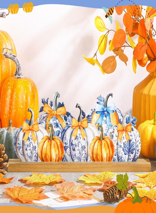 MiniInflat Fall Chinoiserie Pumpkin Metal Sign Orange and Blue Fall Decor Thanksgiving Tiered Tray Decor Freestanding Blue and White Table Centerpiece with Wood Base for Home Mantel Tabletop Shelf - Image 3